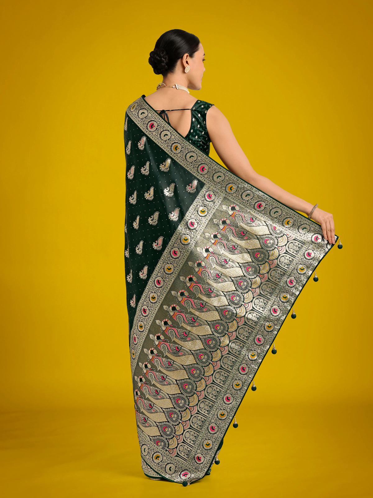 Dark Green Banarasi-Style Satin Saree with Peacock Zari Pallu, back with pallu