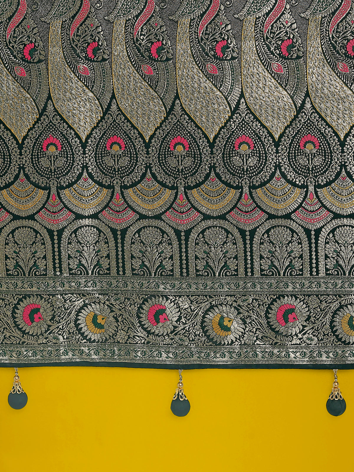 Dark Green Banarasi-Style Satin Saree with Peacock Zari Pallu, pallu close-up