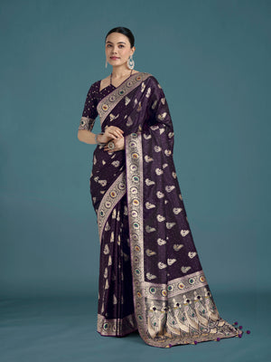 Purple Banarasi-Style Satin Saree with Peacock Zari Pallu