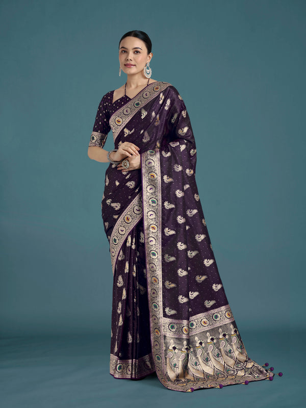 Purple Banarasi-Style Satin Saree with Peacock Zari Pallu, front
