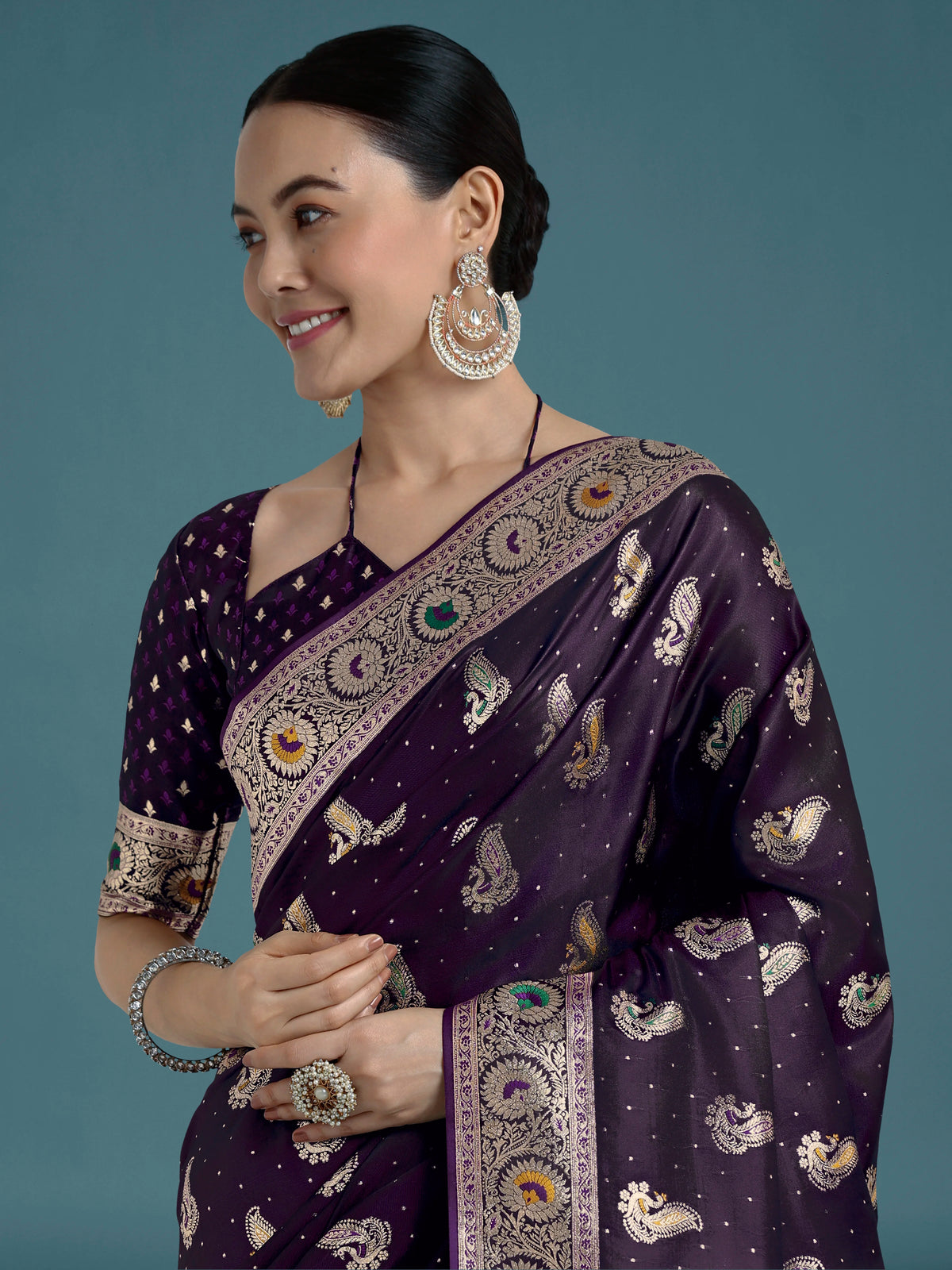 Purple Banarasi-Style Satin Saree with Peacock Zari Pallu, drape detail