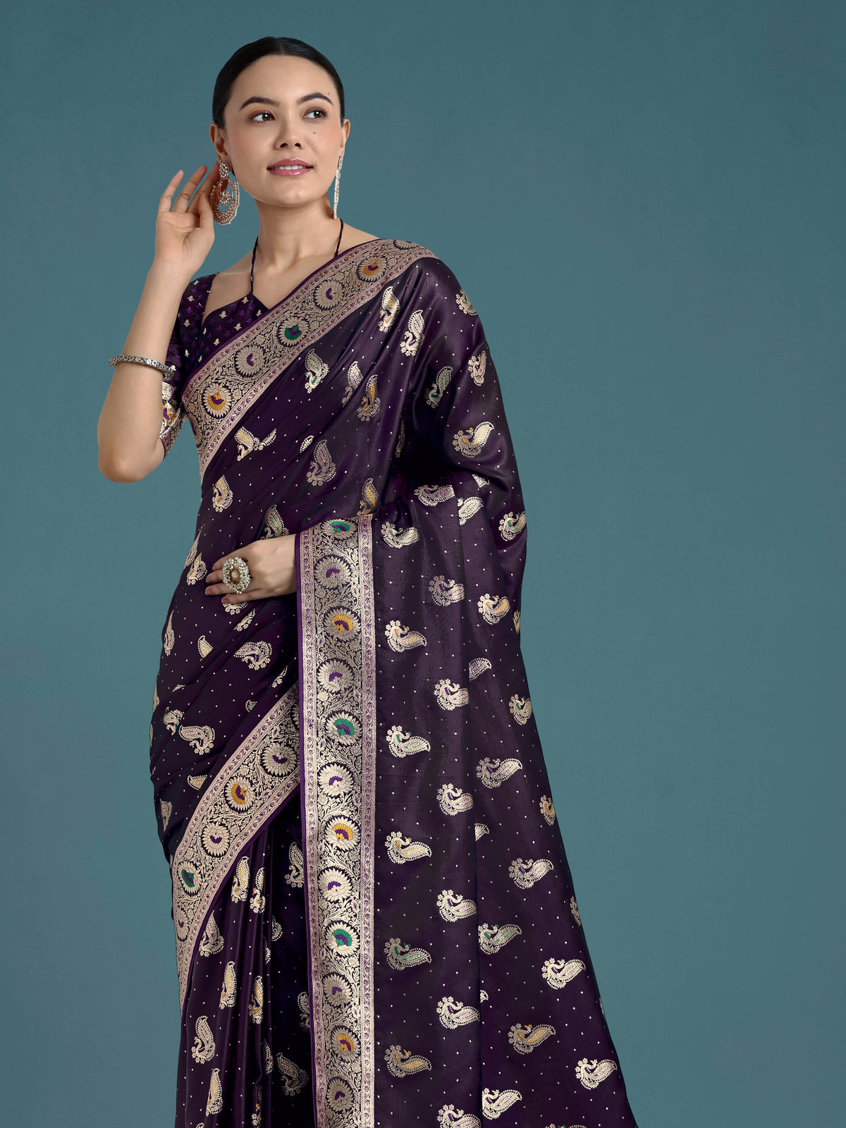 Purple Banarasi-Style Satin Saree with Peacock Zari Pallu, styled on model