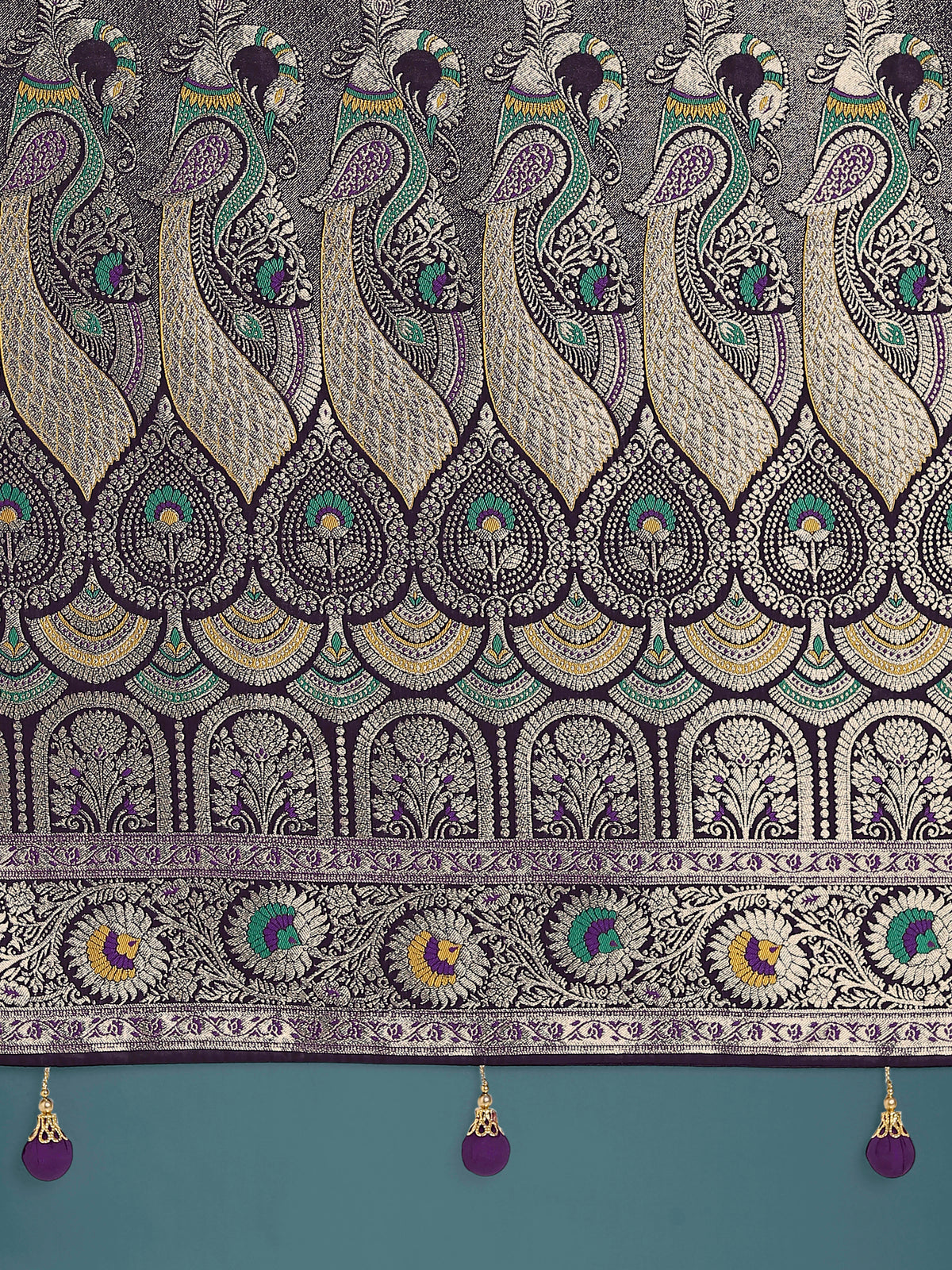 Purple Banarasi-Style Satin Saree with Peacock Zari Pallu, pallu close-up