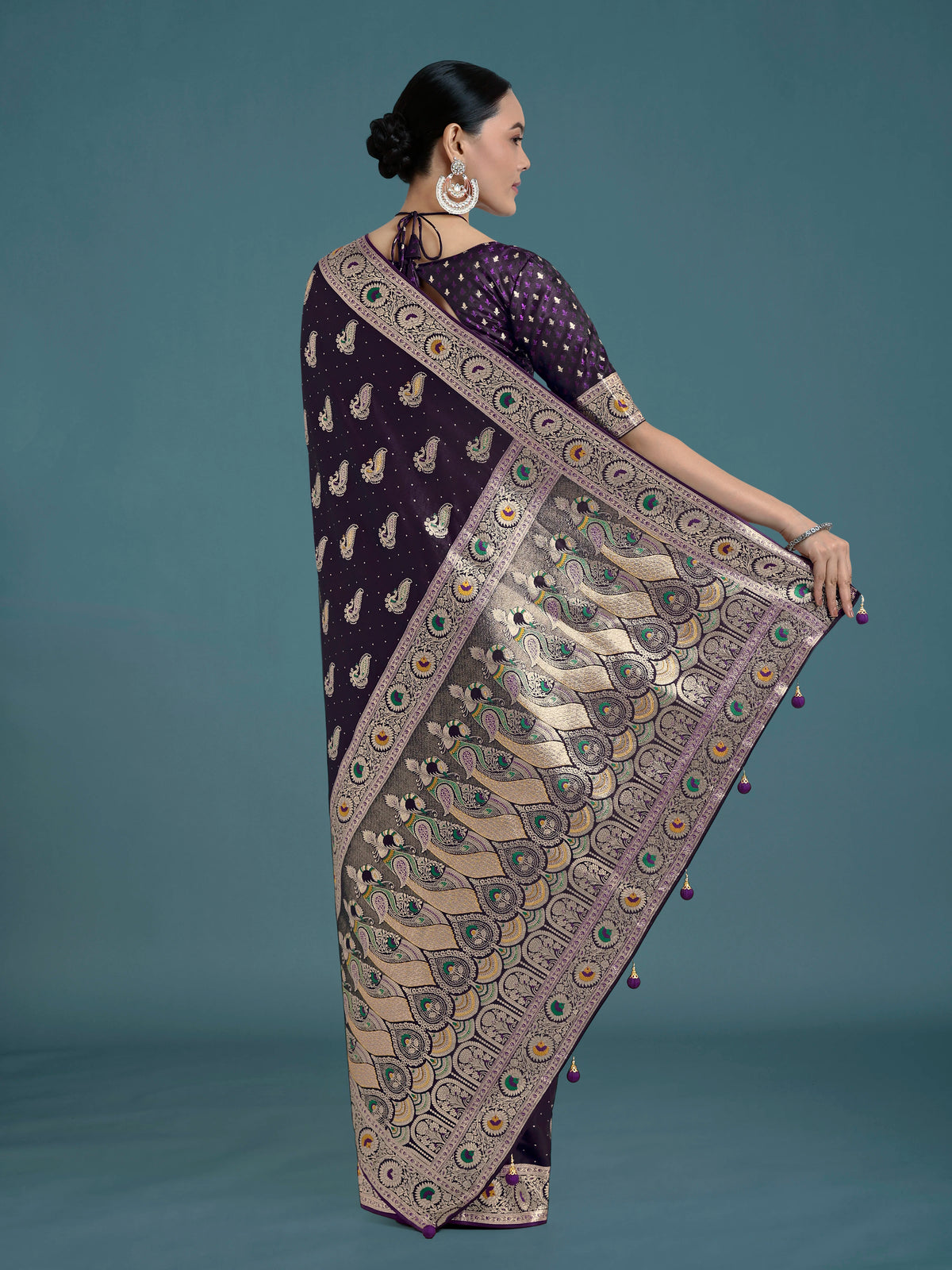 Purple Banarasi-Style Satin Saree with Peacock Zari Pallu, back with pallu