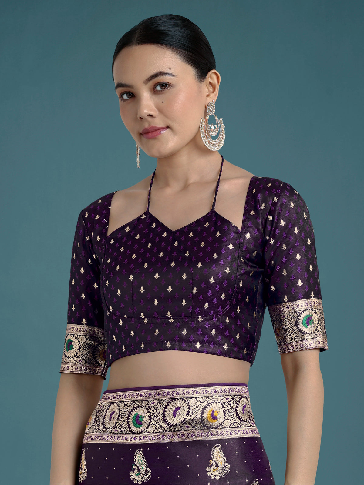 Purple Banarasi-Style Satin Saree with Peacock Zari Pallu, blouse detail