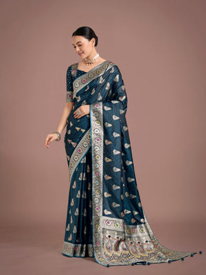 Teal Banarasi-Style Satin Saree with Peacock Zari Pallu