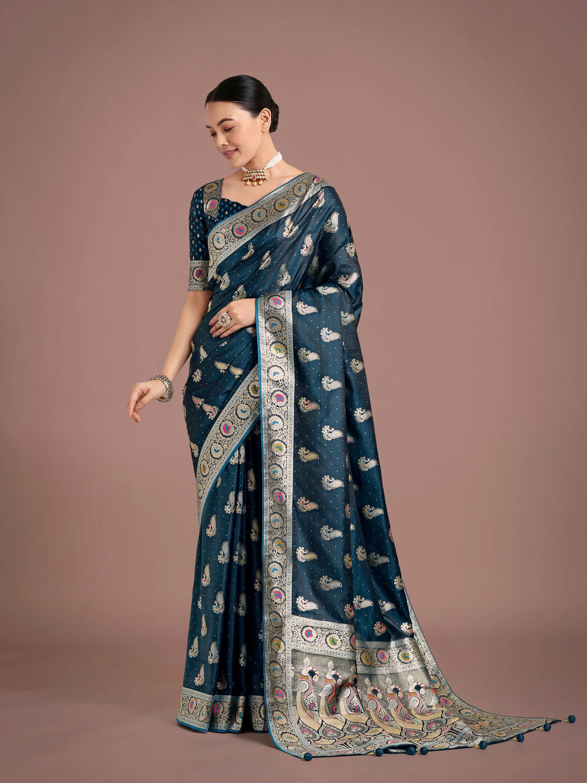 Teal Banarasi-Style Satin Saree with Peacock Zari Pallu, front