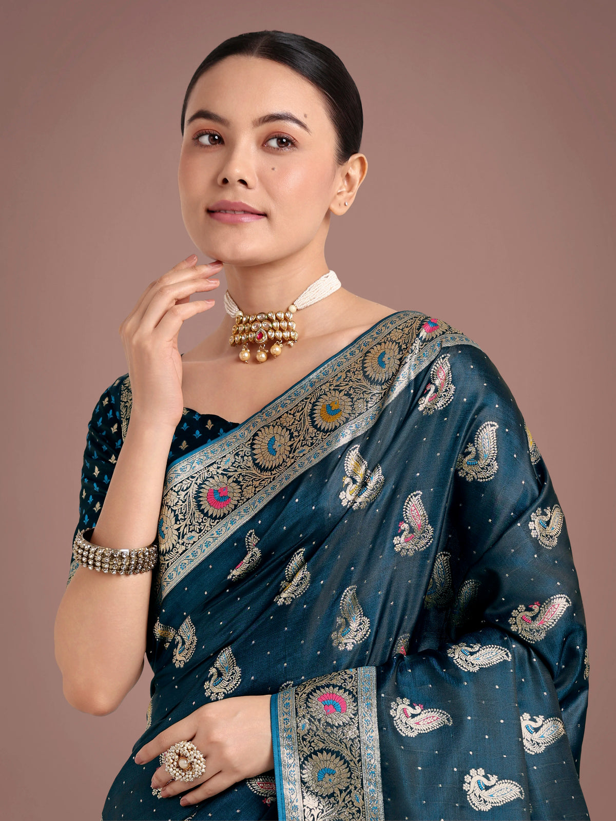 Teal Banarasi-Style Satin Saree with Peacock Zari Pallu, drape detail