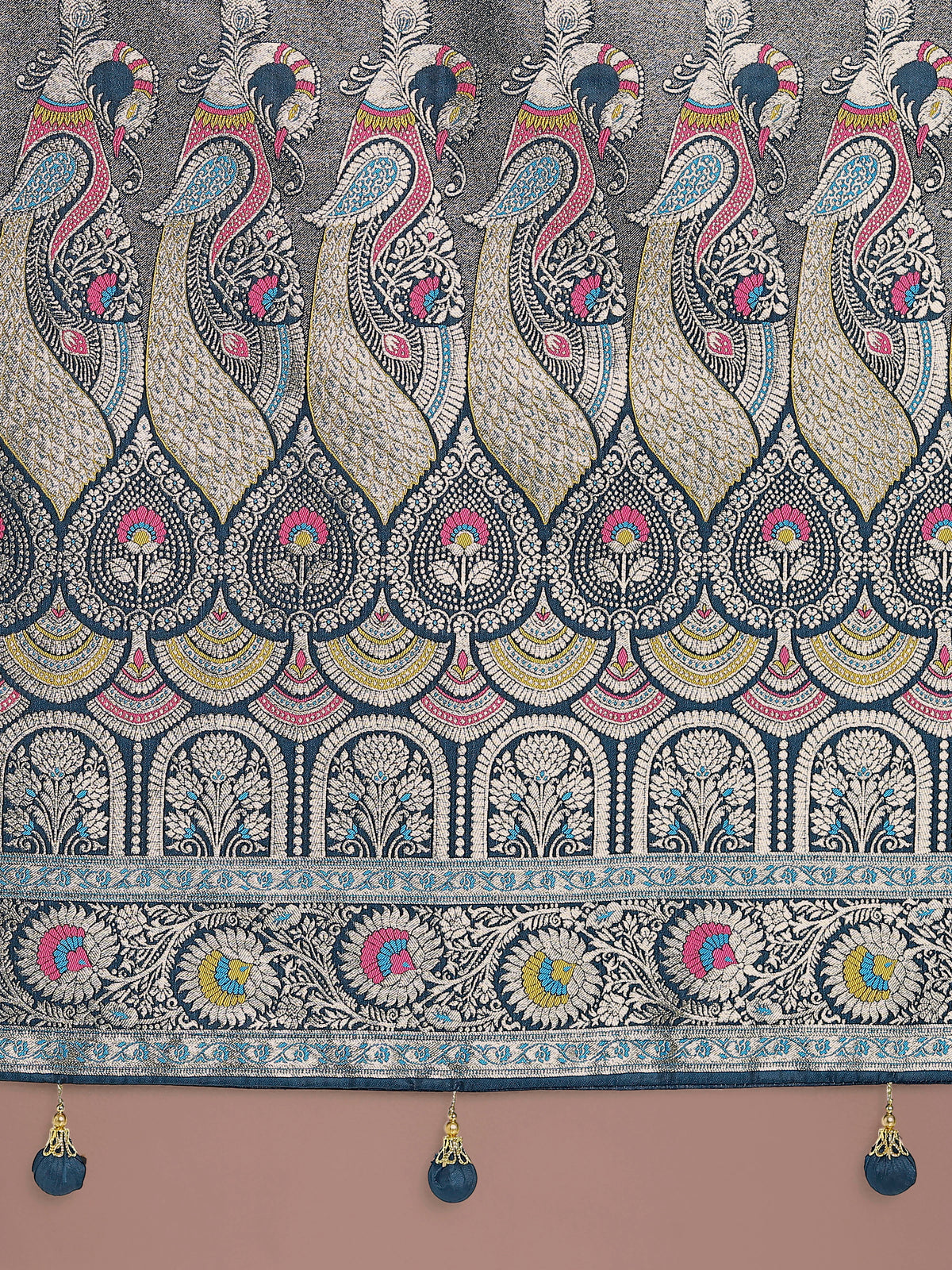 Teal Banarasi-Style Satin Saree with Peacock Zari Pallu, pallu close-up