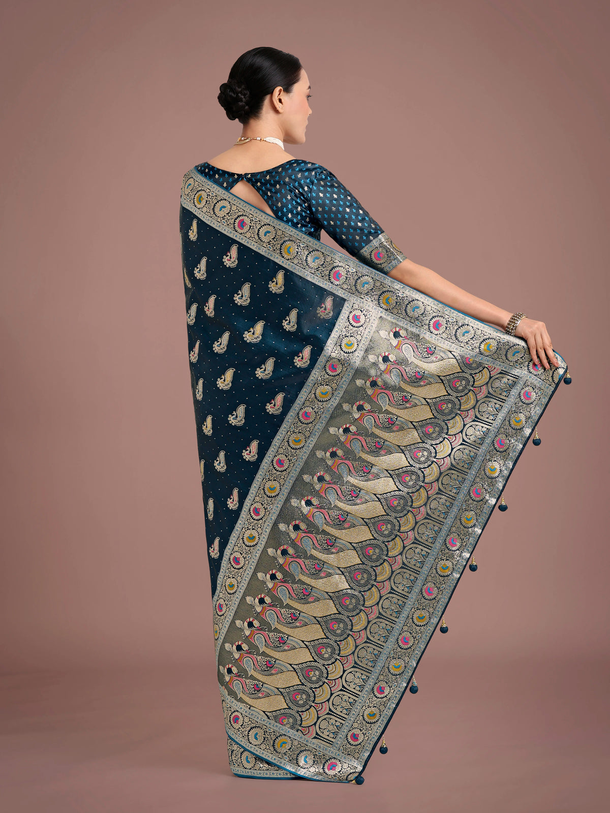 Teal Banarasi-Style Satin Saree with Peacock Zari Pallu, back with pallu