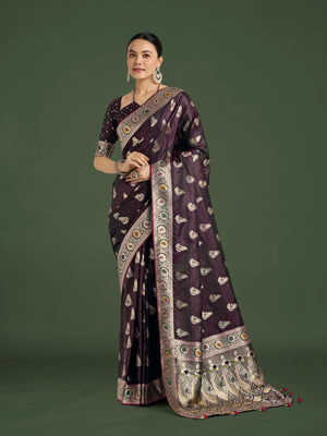 Wine Banarasi-Style Satin Saree with Peacock Zari Pallu