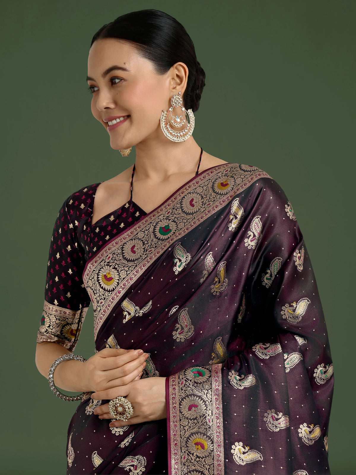 Wine Banarasi-Style Satin Saree with Peacock Zari Pallu, drape detail