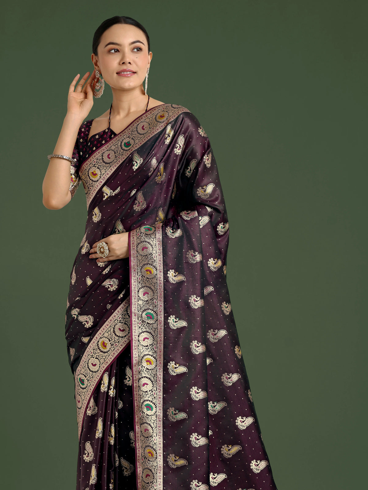 Wine Banarasi-Style Satin Saree with Peacock Zari Pallu, styled on model