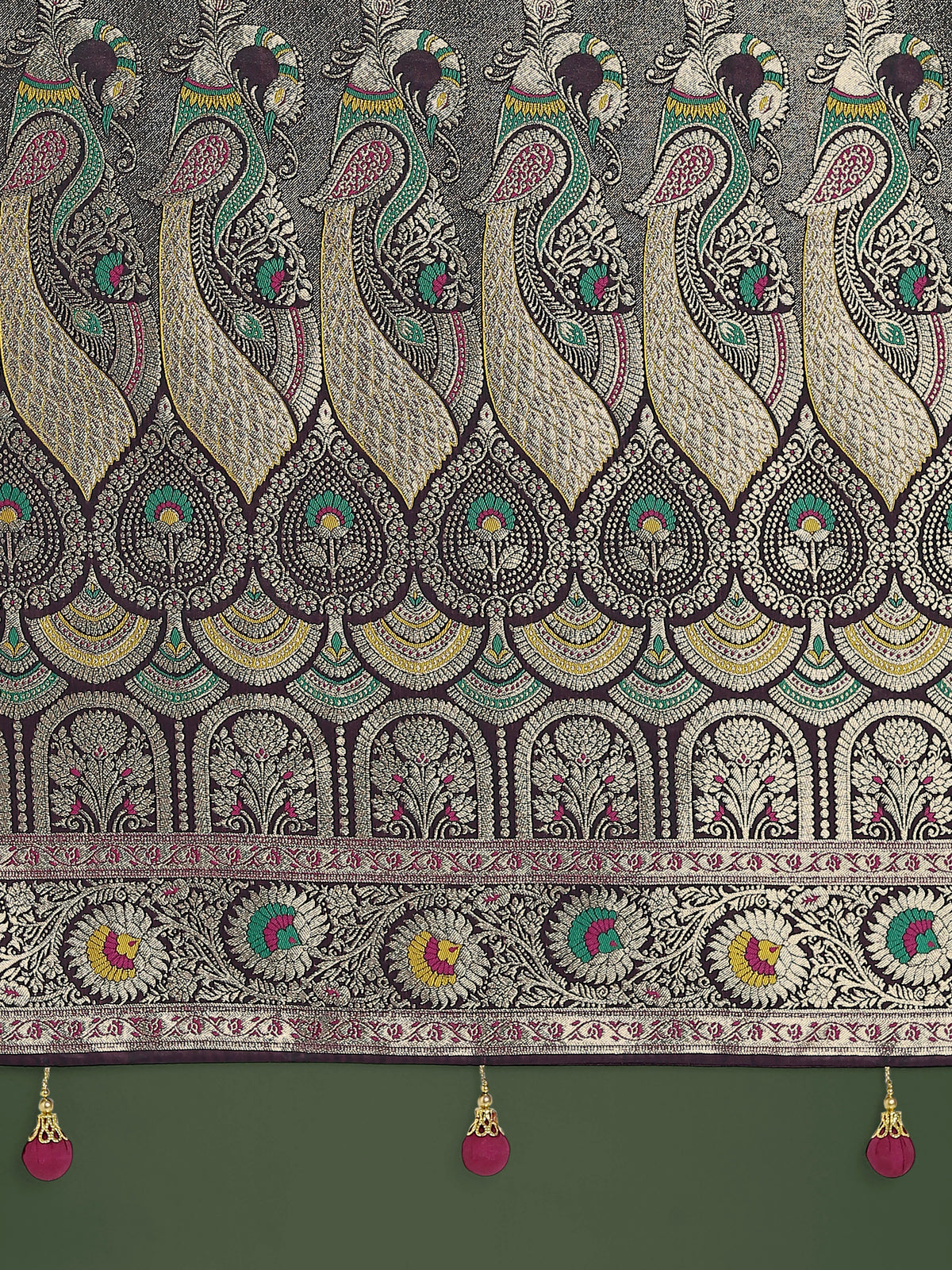 Wine Banarasi-Style Satin Saree with Peacock Zari Pallu, pallu close-up