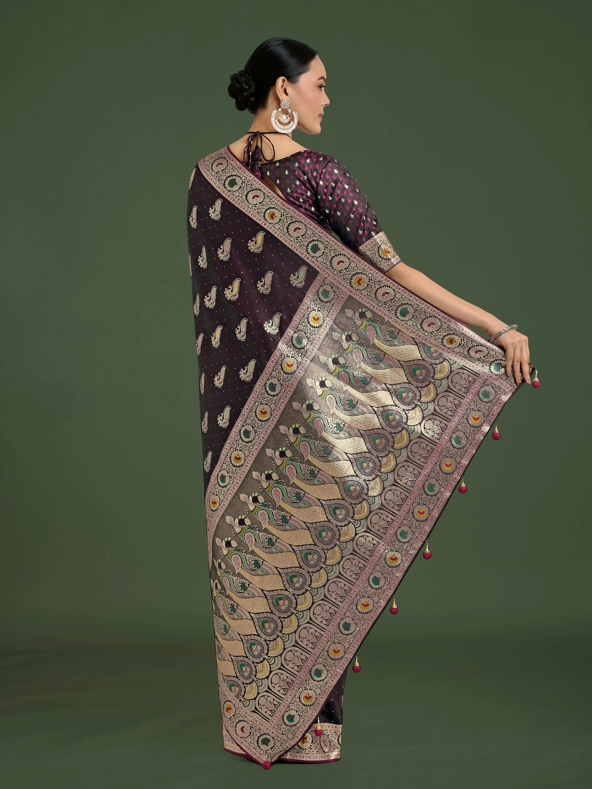 Wine Banarasi-Style Satin Saree with Peacock Zari Pallu, back with pallu