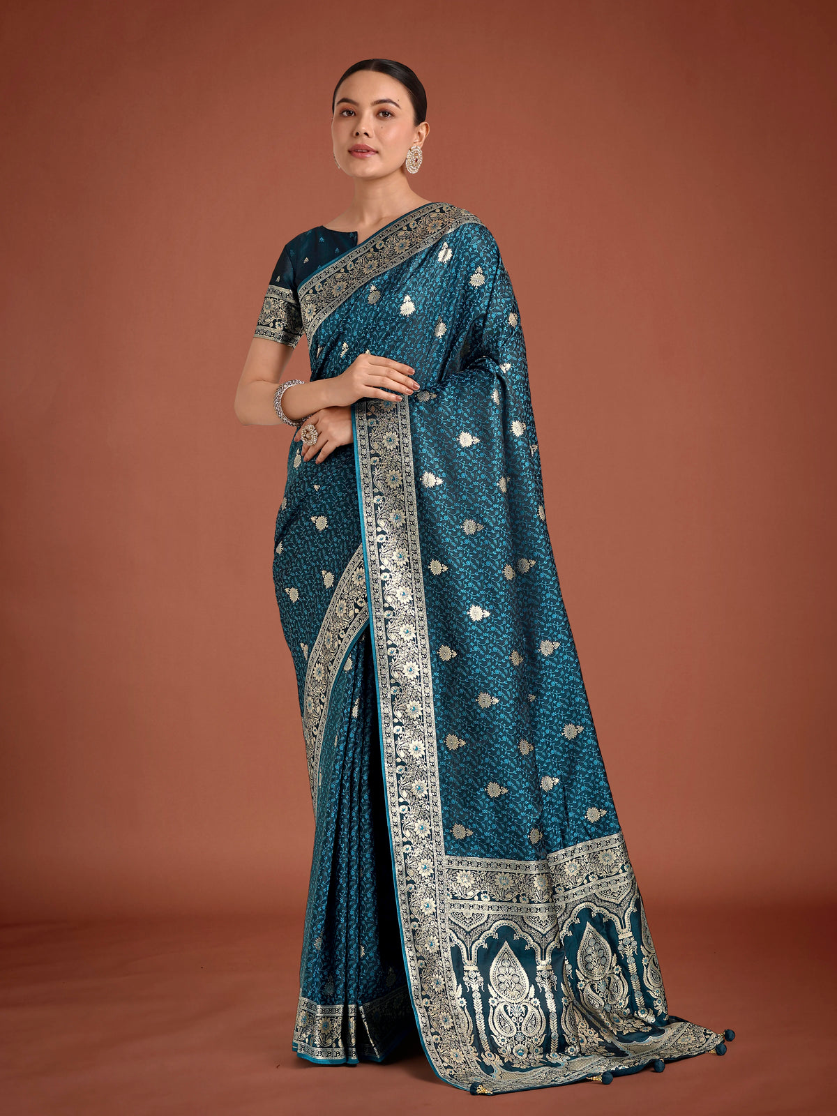 Teal Banarasi-Style Satin Saree with Arched Paisley Pallu, front
