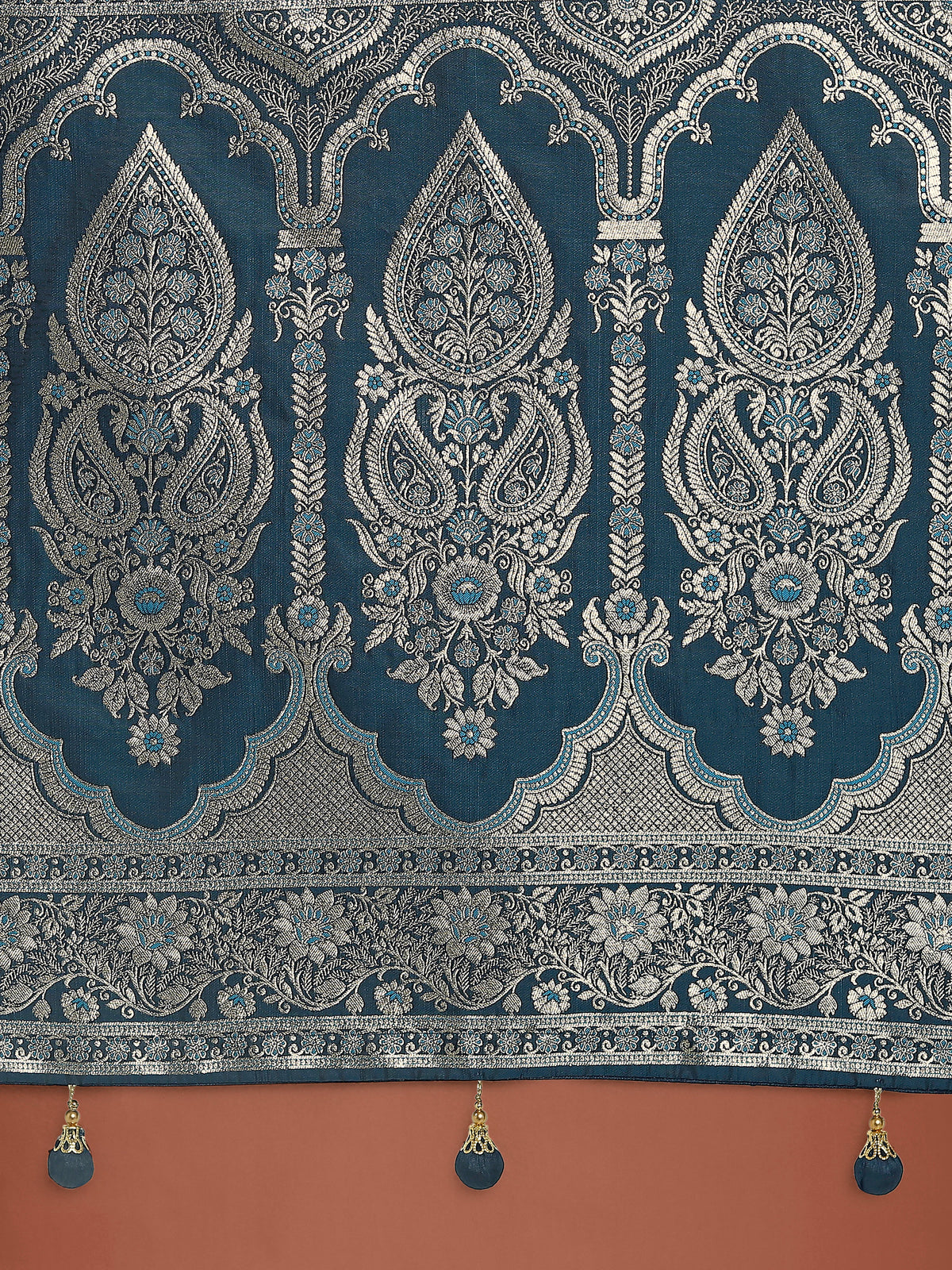 Teal Banarasi-Style Satin Saree with Arched Paisley Pallu, pallu close-up