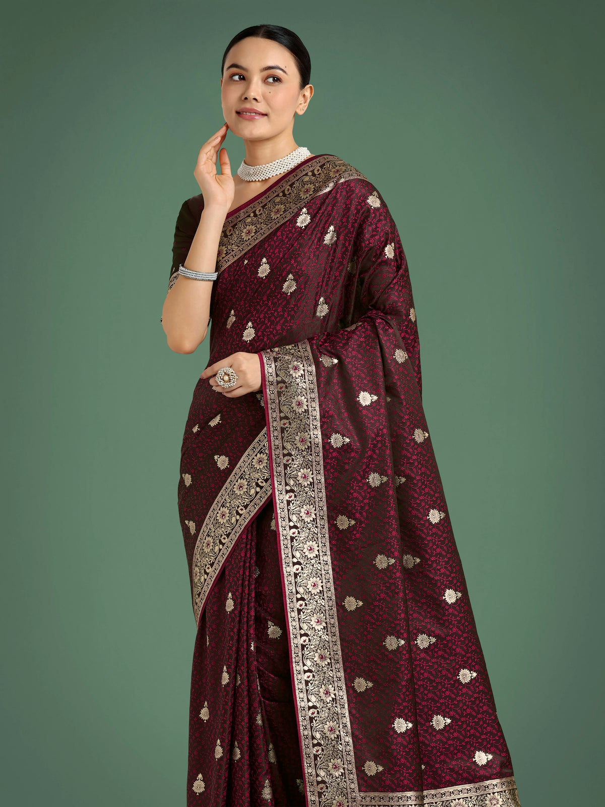 Maroon Banarasi-Style Satin Saree with Arched Paisley Pallu, styled on model