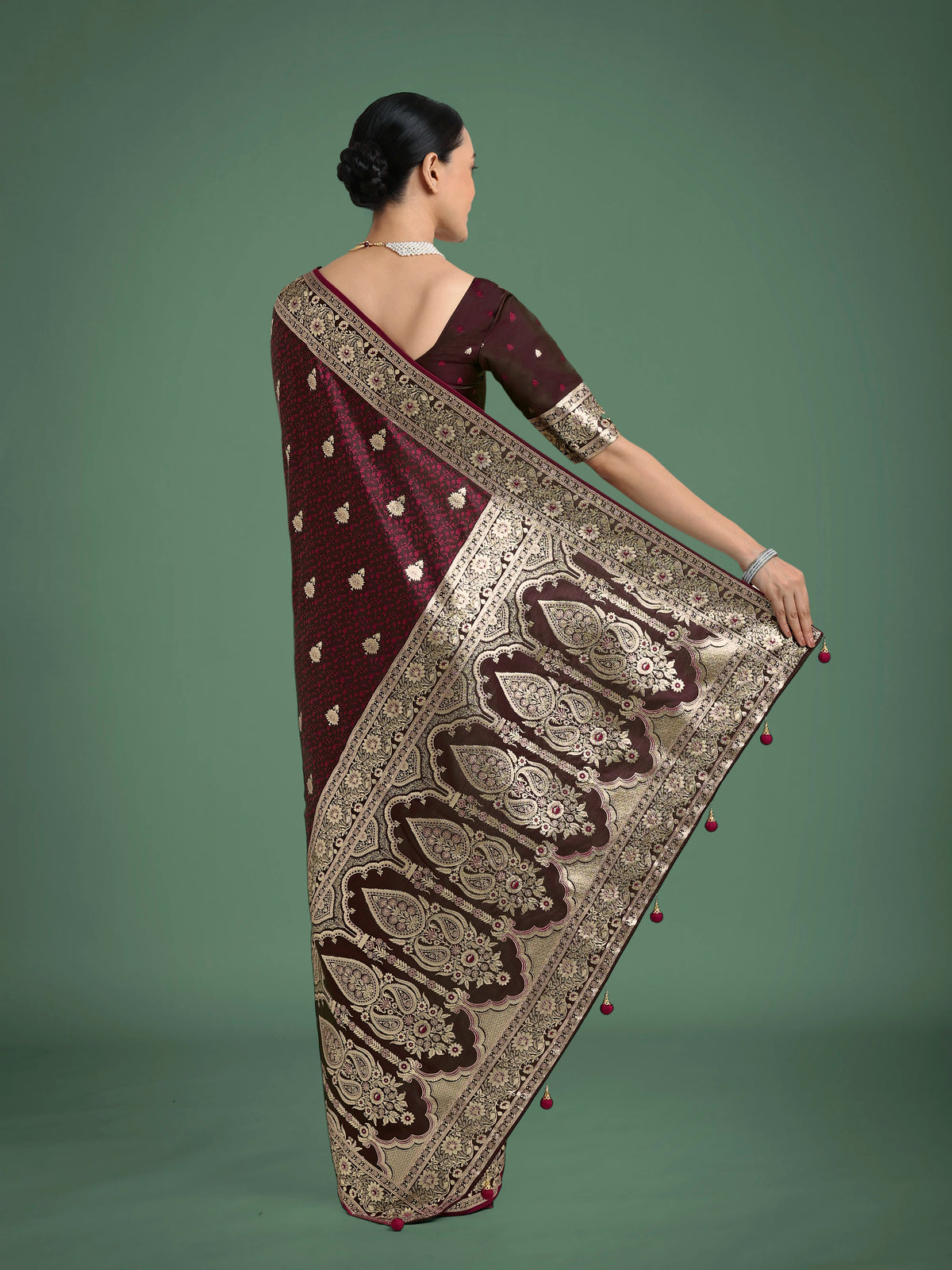Maroon Banarasi-Style Satin Saree with Arched Paisley Pallu, back with pallu