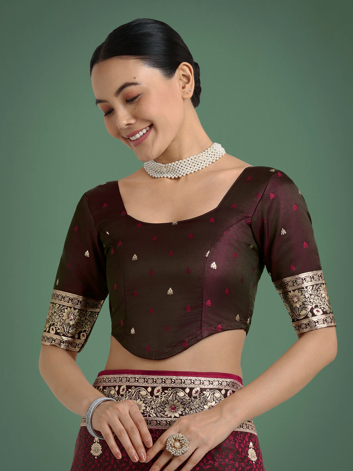 Maroon Banarasi-Style Satin Saree with Arched Paisley Pallu, blouse detail