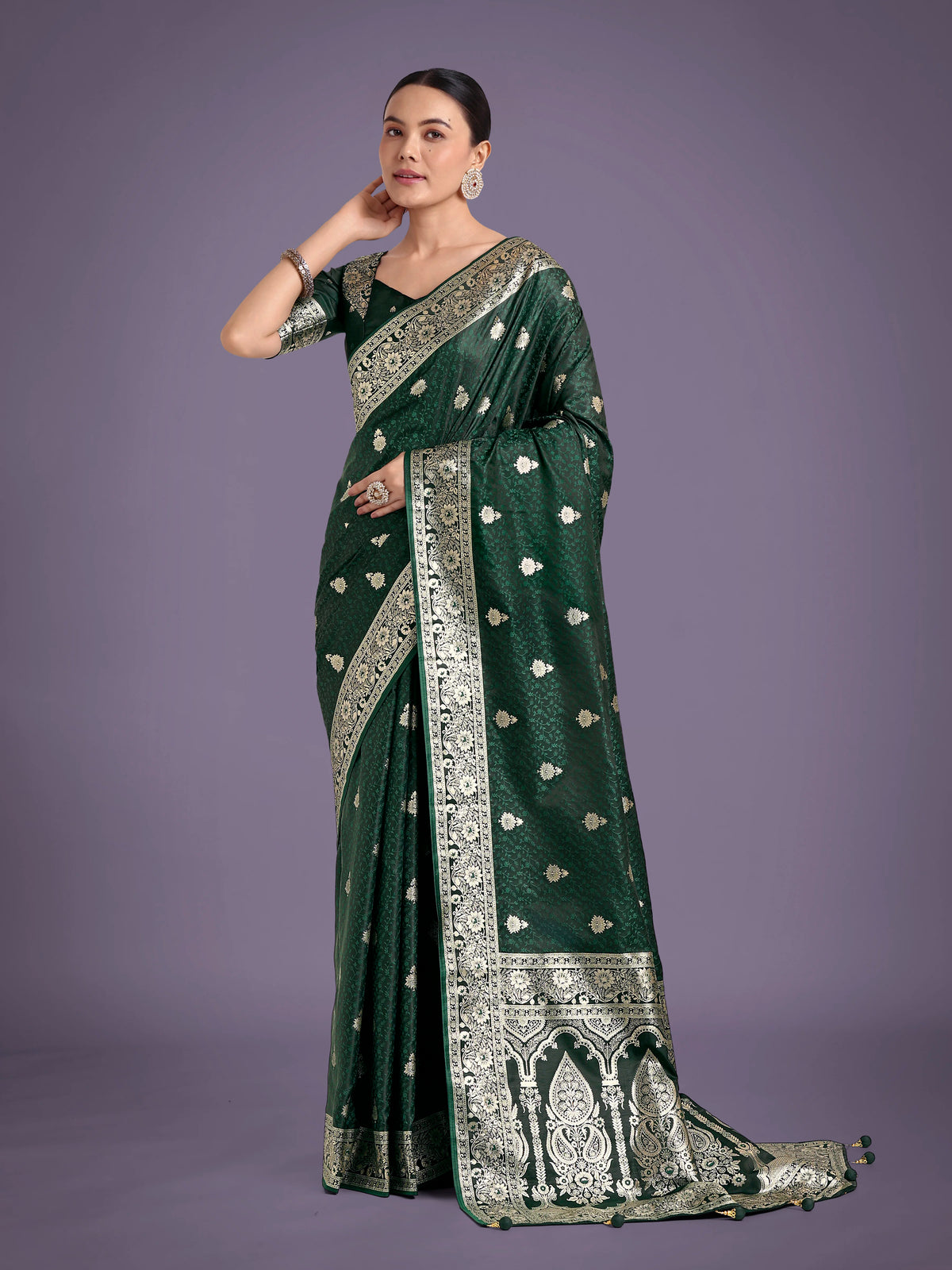 Dark Green Banarasi-Style Satin Saree with Arched Paisley Pallu, front