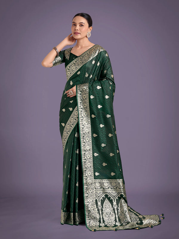 Dark Green Banarasi-Style Satin Saree with Arched Paisley Pallu, front