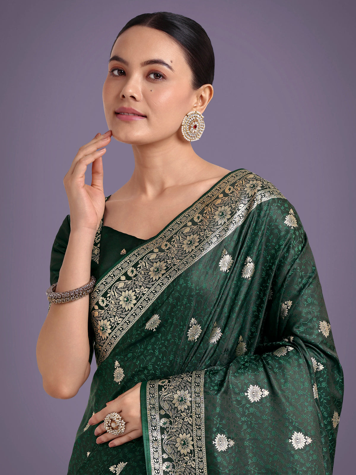 Dark Green Banarasi-Style Satin Saree with Arched Paisley Pallu, drape detail