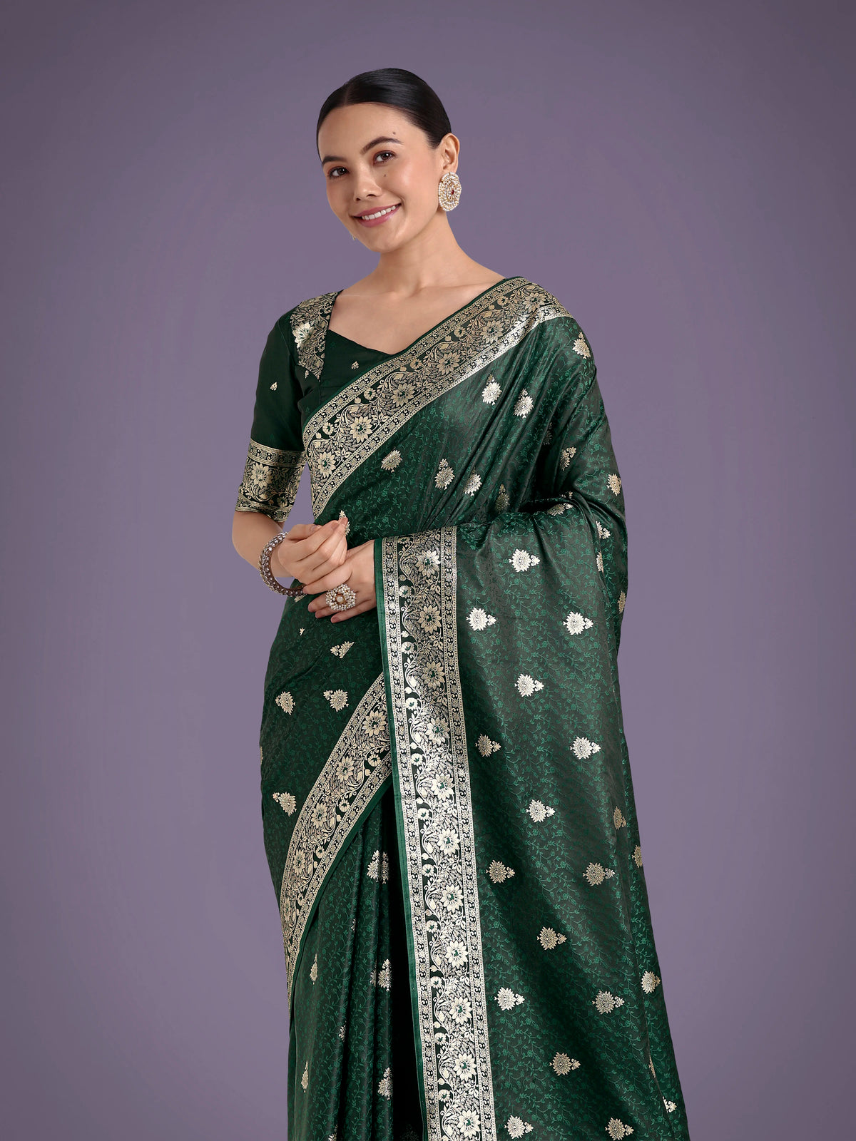Dark Green Banarasi-Style Satin Saree with Arched Paisley Pallu, styled on model