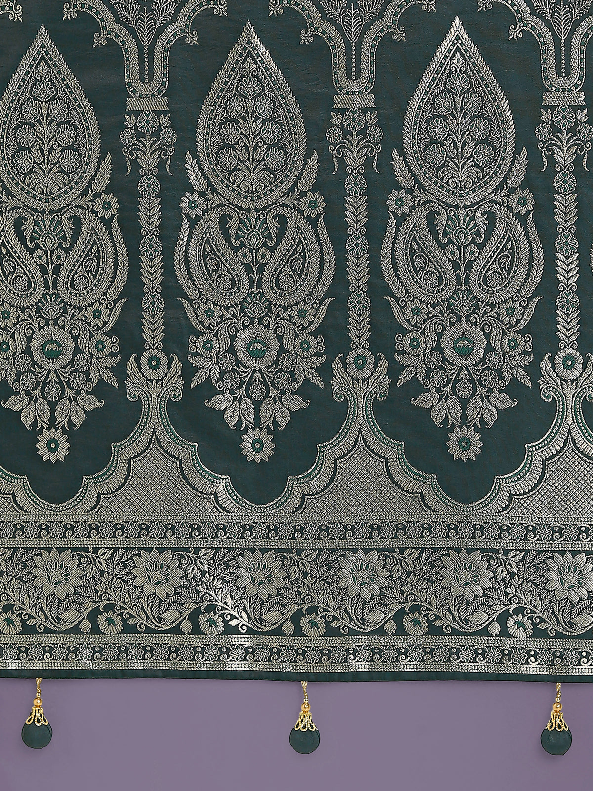 Dark Green Banarasi-Style Satin Saree with Arched Paisley Pallu, pallu close-up