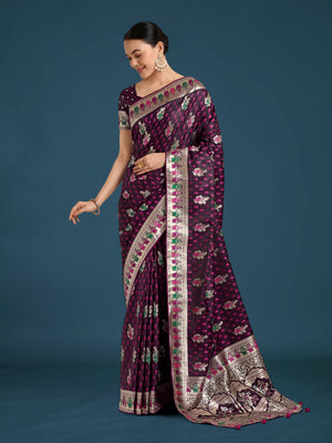 Wine Banarasi-Style Satin Saree with Peacock Arch Pallu