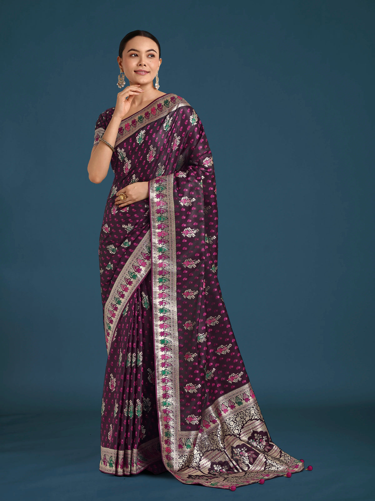 Wine Banarasi-Style Satin Saree with Peacock Arch Pallu, side