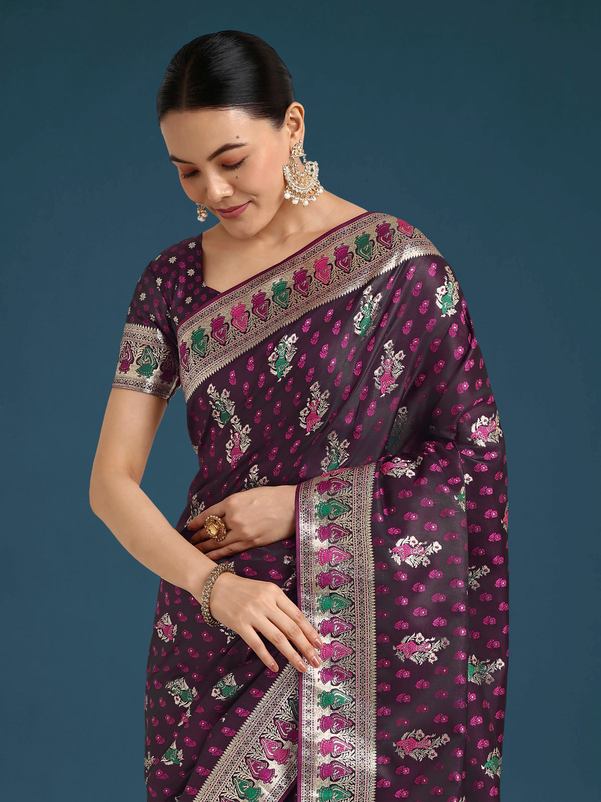 Wine Banarasi-Style Satin Saree with Peacock Arch Pallu, border close-up