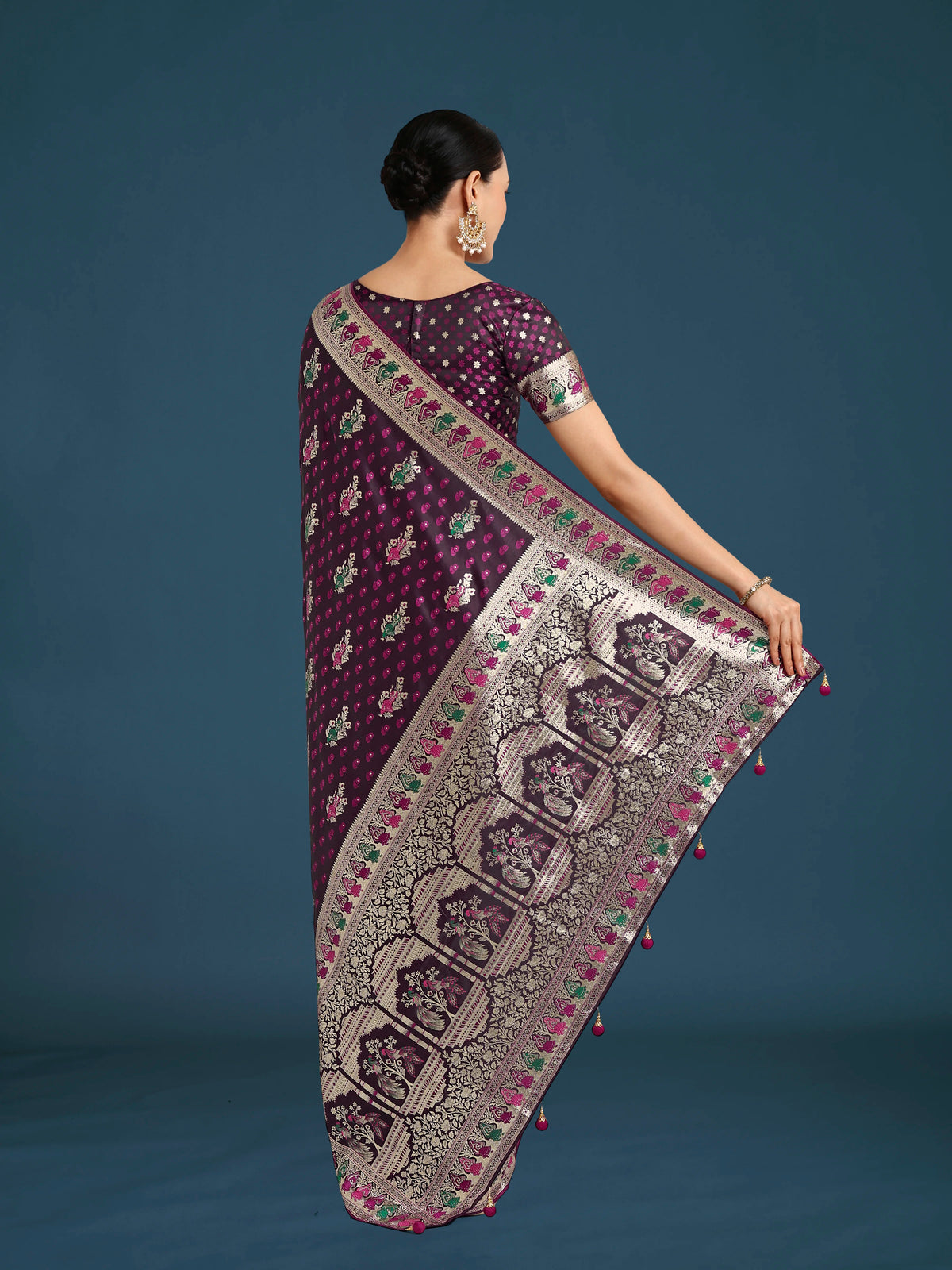 Wine Banarasi-Style Satin Saree with Peacock Arch Pallu, back