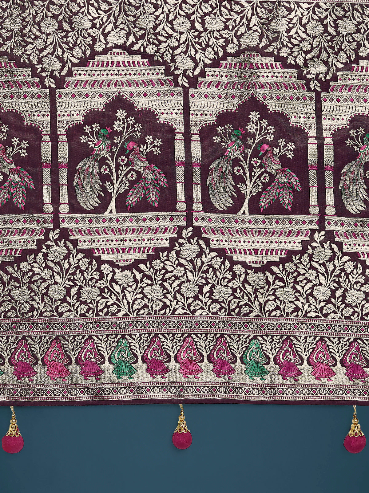 Wine Banarasi-Style Satin Saree with Peacock Arch Pallu, pallu close-up