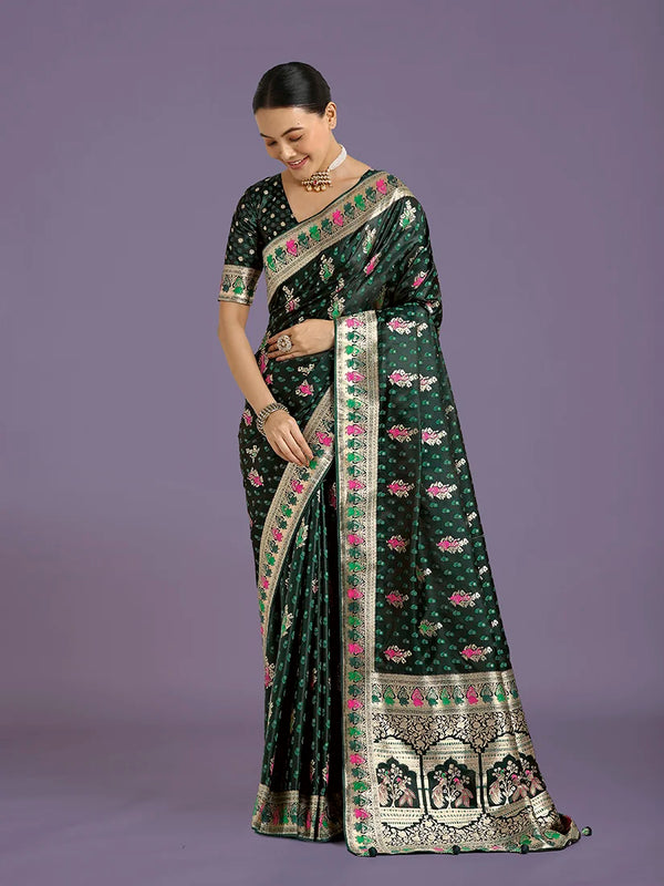 Dark Green Banarasi-Style Satin Saree with Peacock Arch Pallu, front