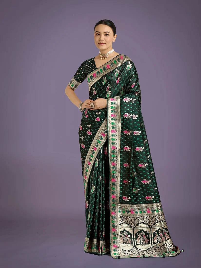 Dark Green Banarasi-Style Satin Saree with Peacock Arch Pallu, side