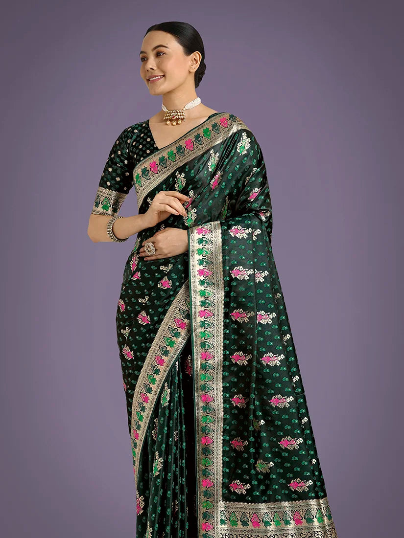 Dark Green Banarasi-Style Satin Saree with Peacock Arch Pallu, border close-up