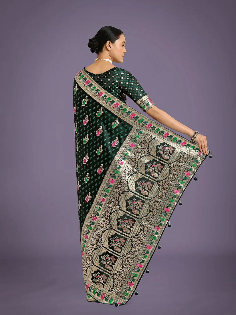Dark Green Banarasi-Style Satin Saree with Peacock Arch Pallu, back