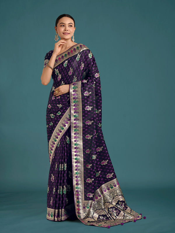 Purple Banarasi-Style Satin Saree with Peacock Arch Pallu, front