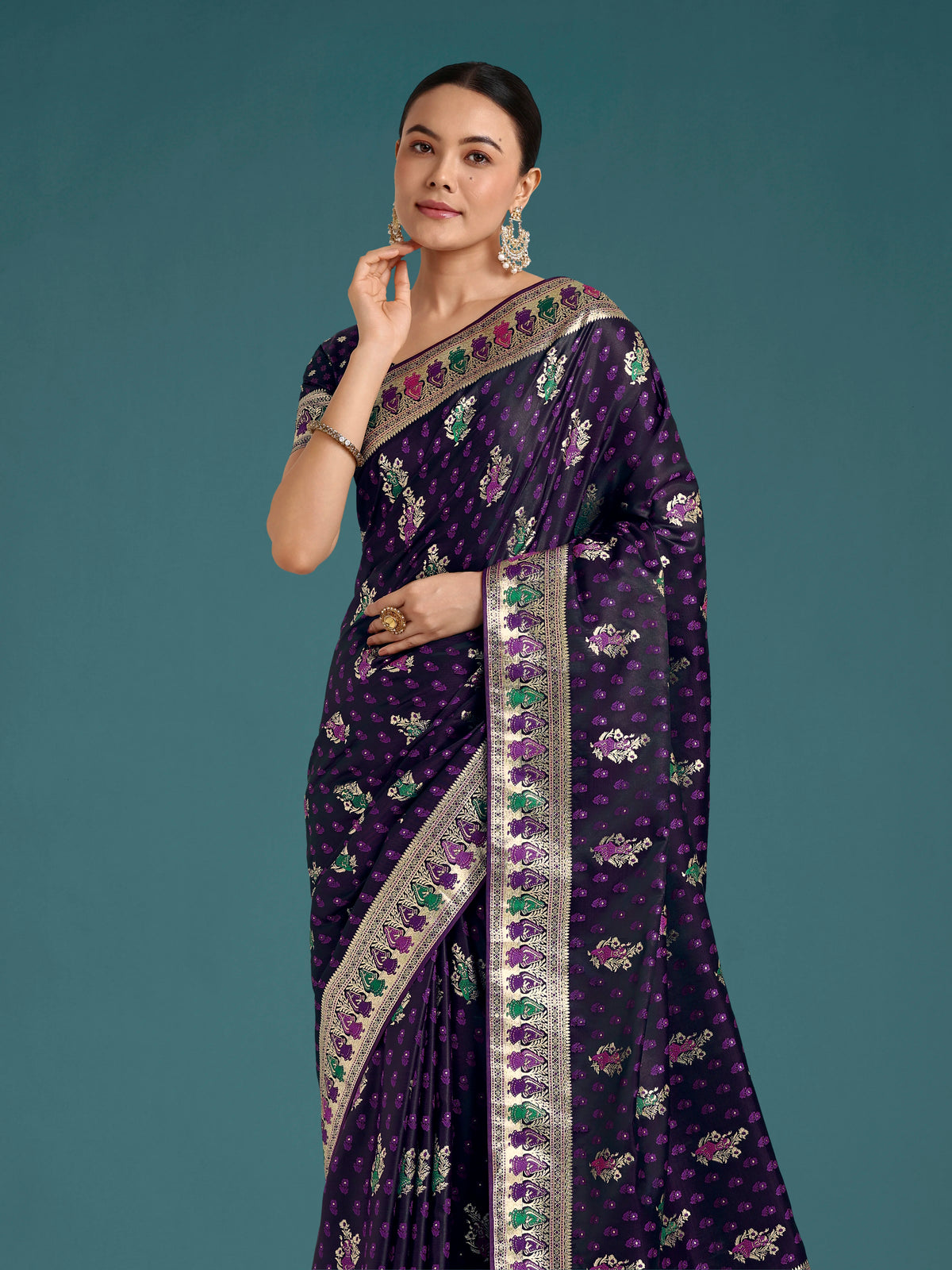 Purple Banarasi-Style Satin Saree with Peacock Arch Pallu, border close-up