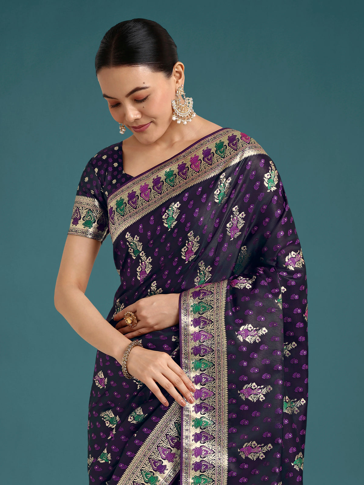 Purple Banarasi-Style Satin Saree with Peacock Arch Pallu, drape close-up
