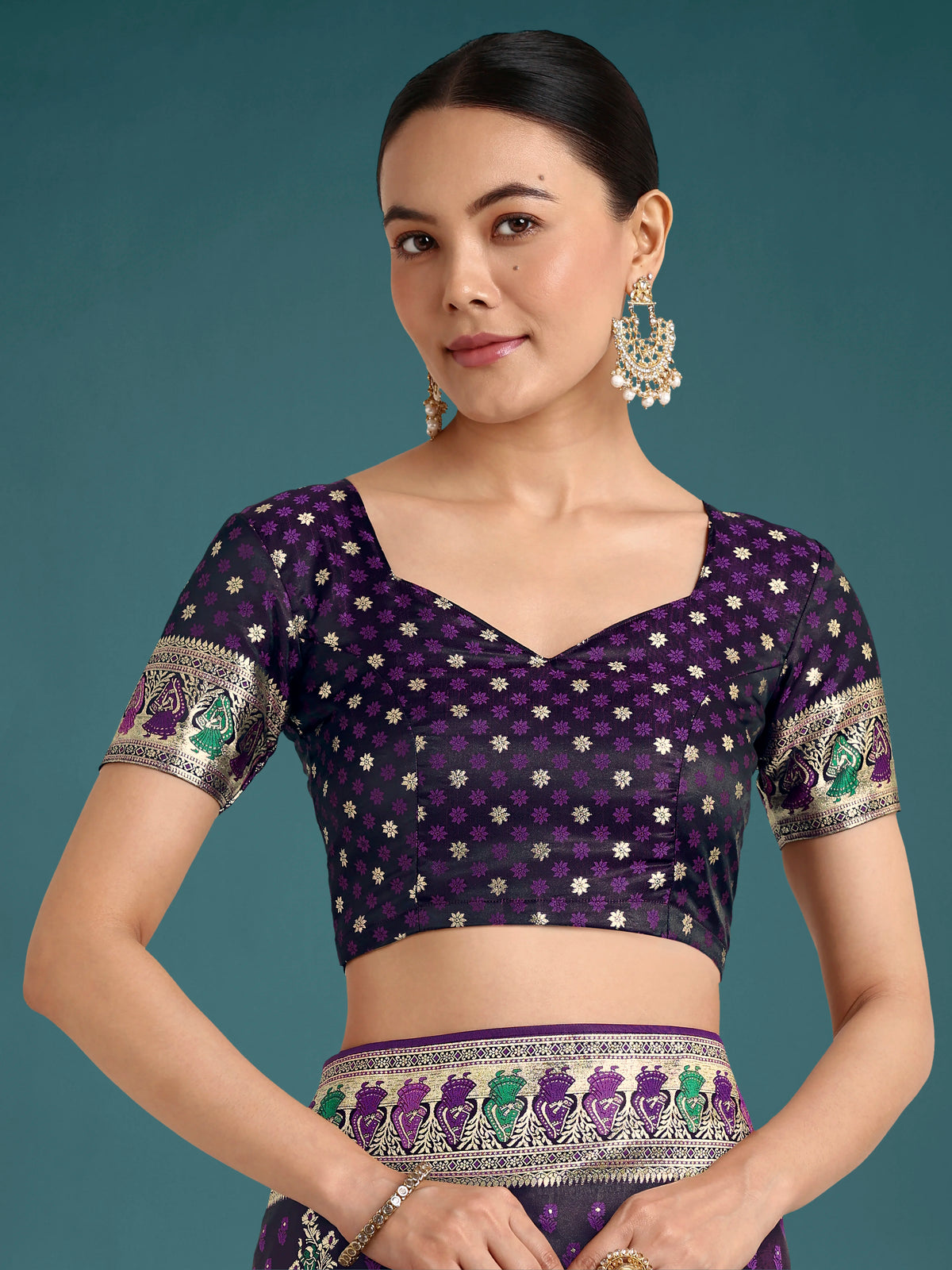 Purple Banarasi-Style Satin Saree with Peacock Arch Pallu, blouse front
