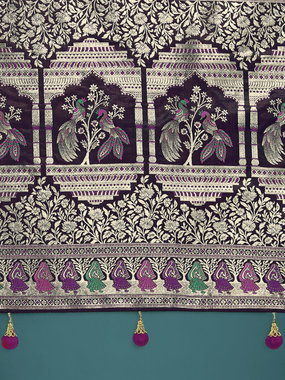 Purple Banarasi-Style Satin Saree with Peacock Arch Pallu, pallu close-up