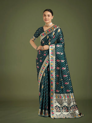 Dark Teal Banarasi-Style Satin Saree with Peacock Arch Pallu