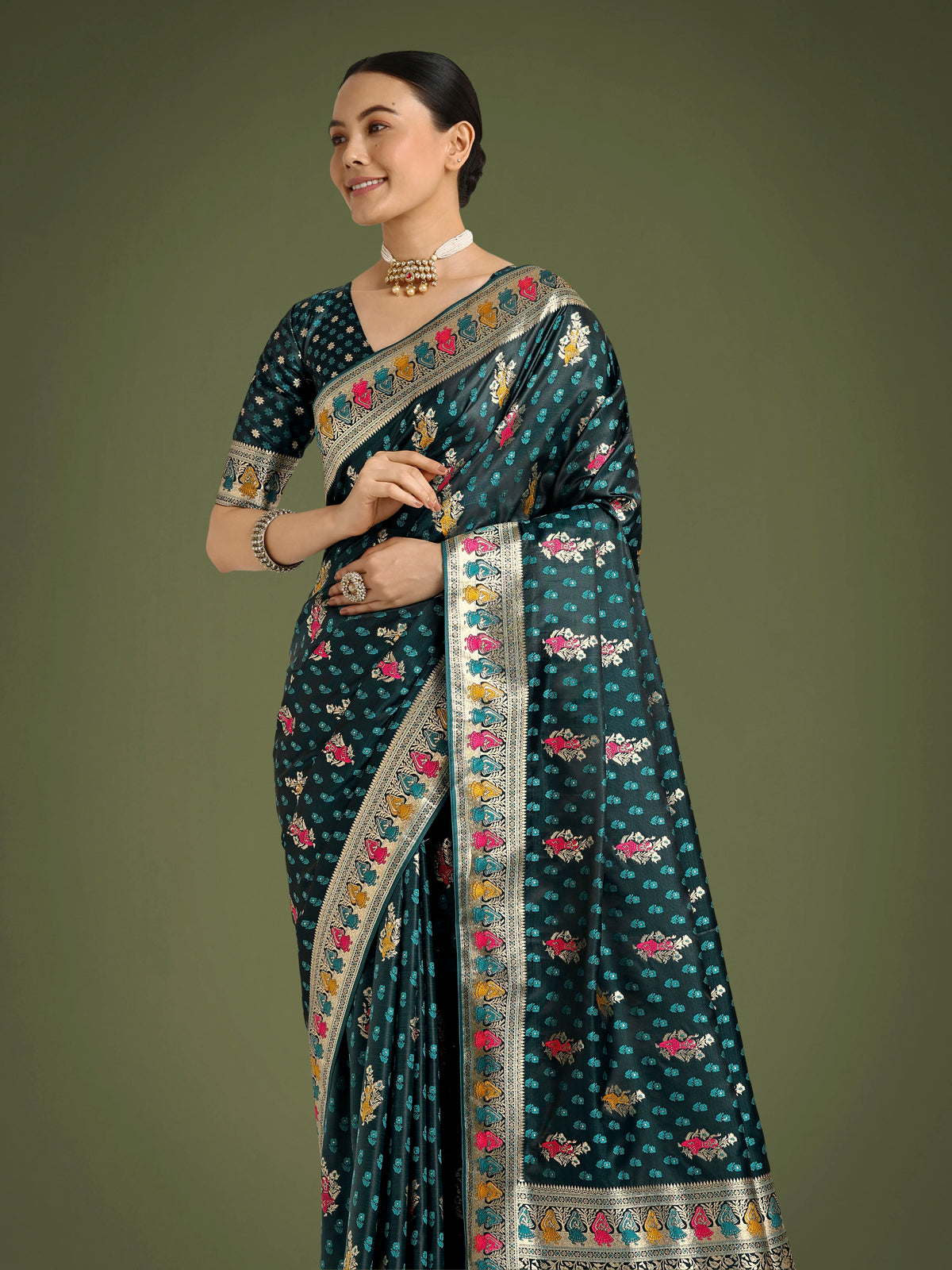 Dark Teal Banarasi-Style Satin Saree with Peacock Arch Pallu, border close-up