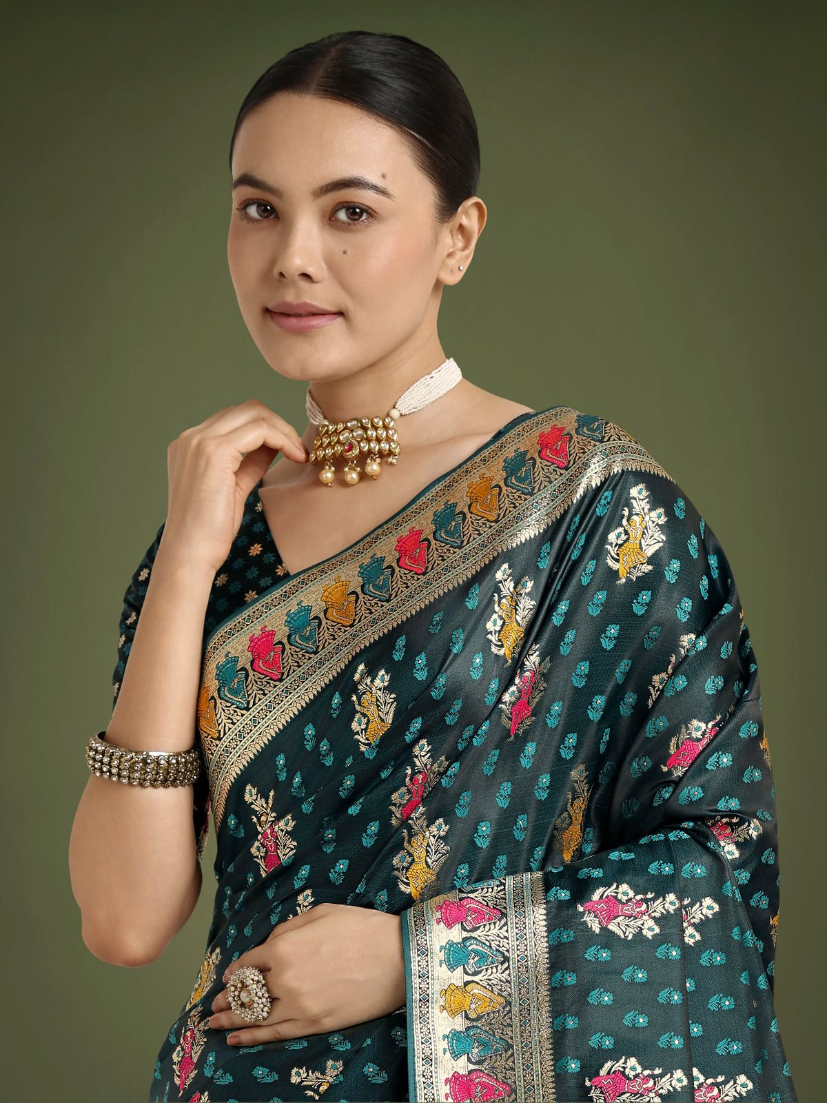 Dark Teal Banarasi-Style Satin Saree with Peacock Arch Pallu, drape close-up