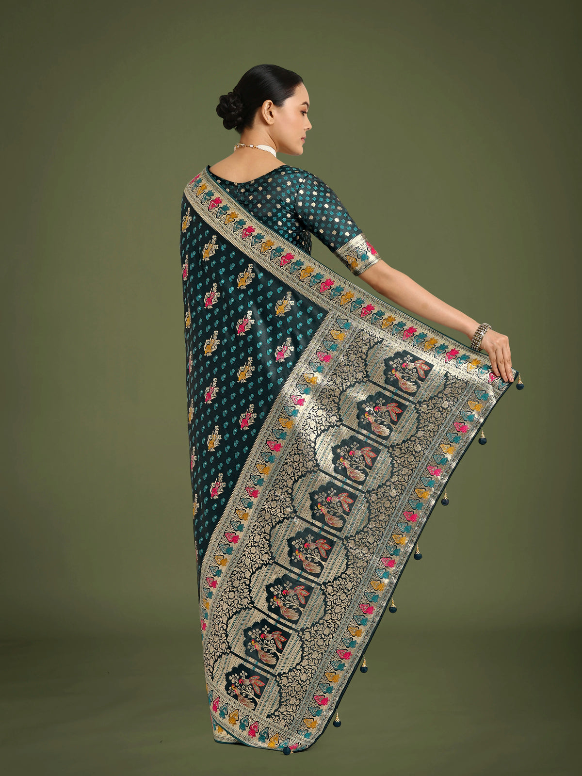 Dark Teal Banarasi-Style Satin Saree with Peacock Arch Pallu, back