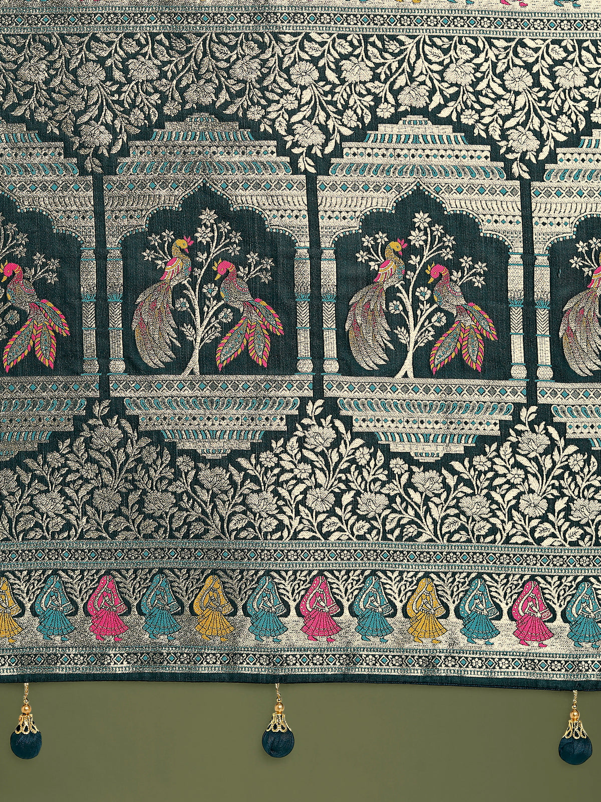 Dark Teal Banarasi-Style Satin Saree with Peacock Arch Pallu, pallu close-up
