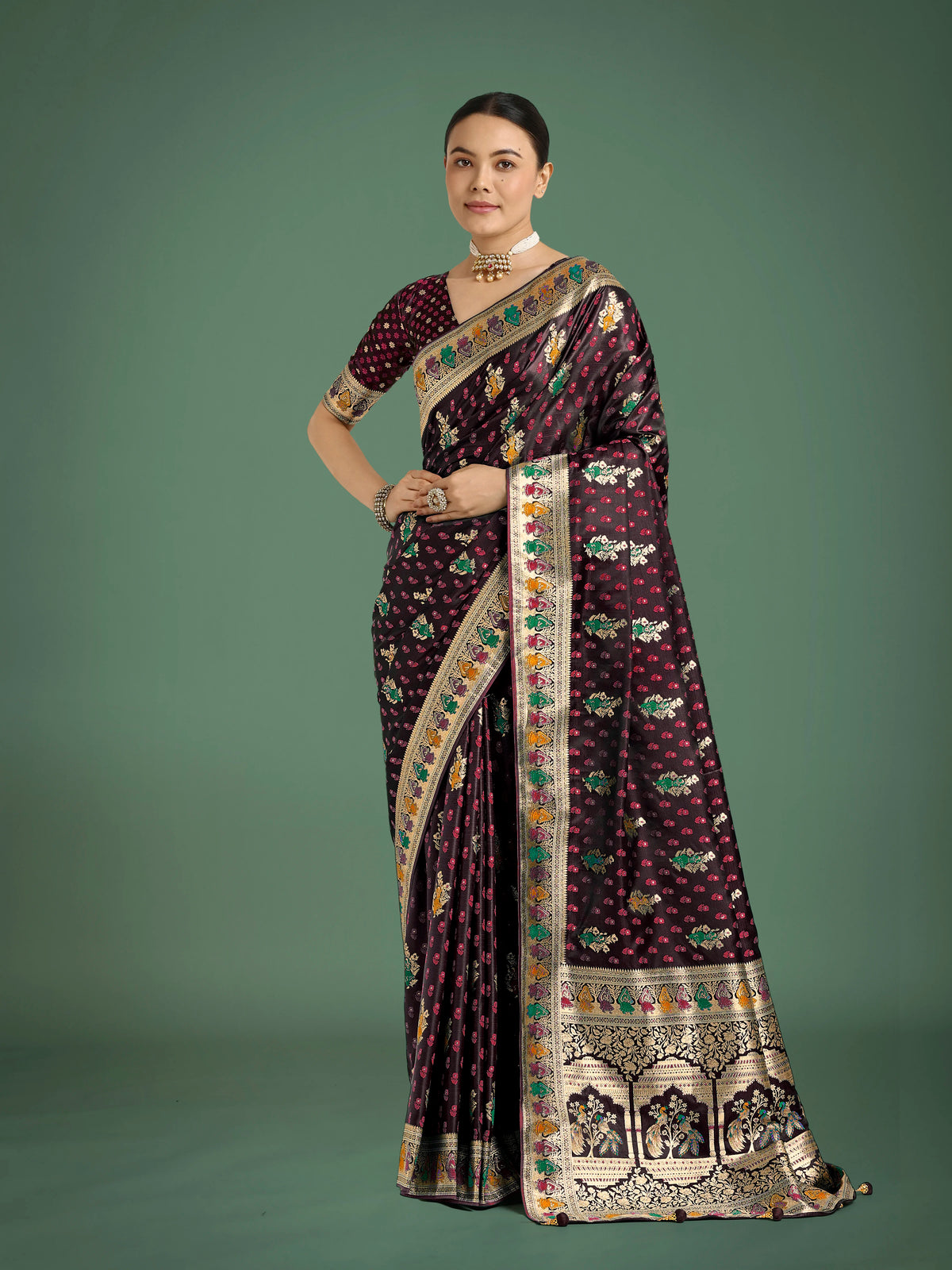 Maroon Banarasi-Style Satin Saree with Peacock Arch Pallu, front