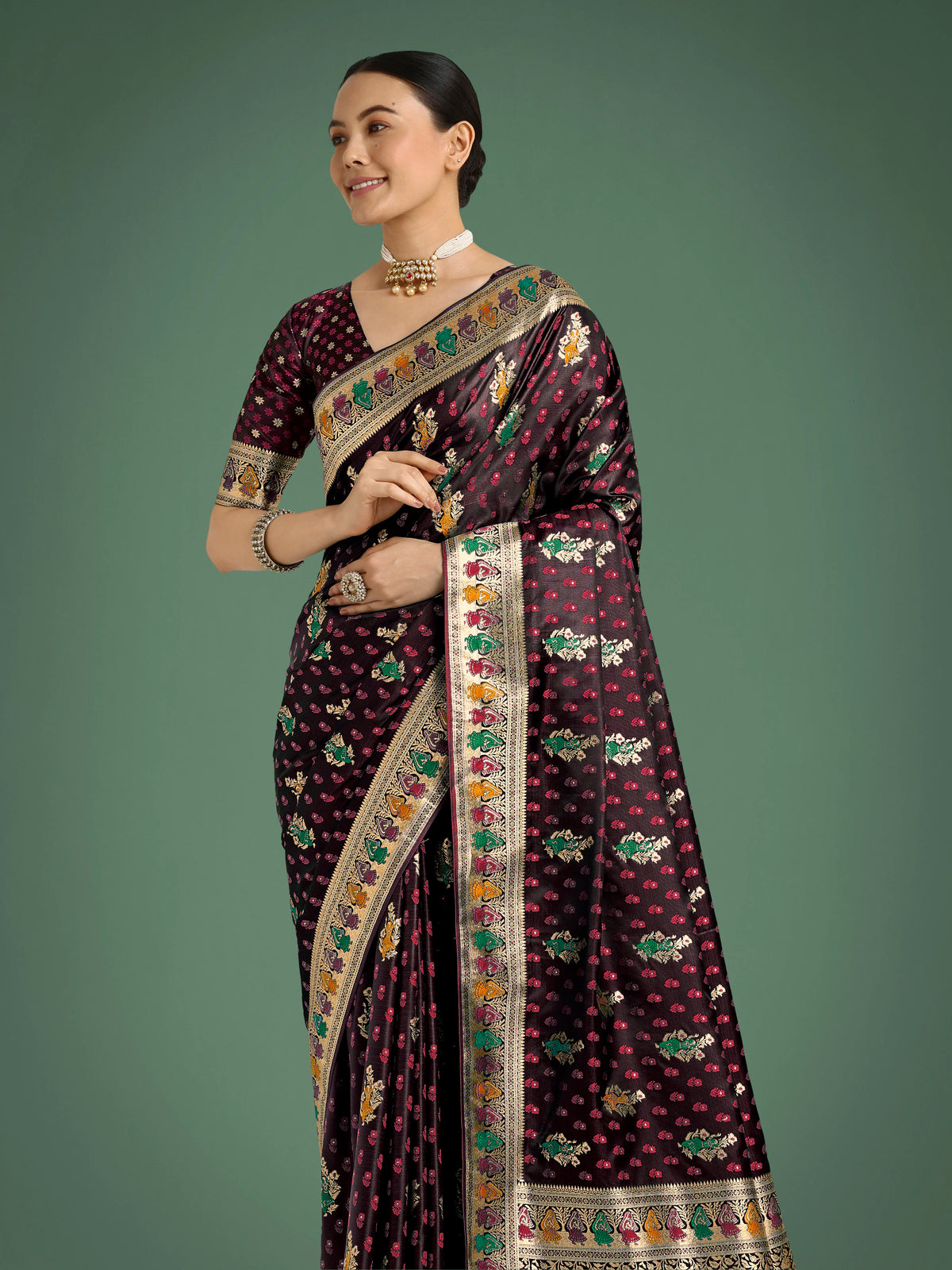 Maroon Banarasi-Style Satin Saree with Peacock Arch Pallu, side